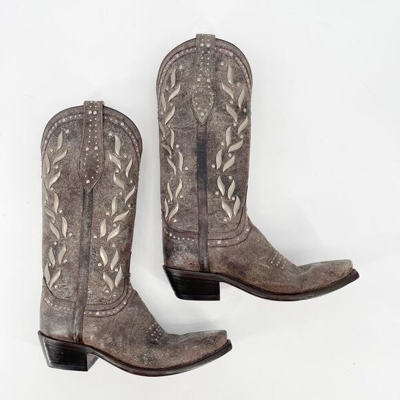NWOB Lucchese Gray Brown Ornate Studded Snip Toe Western Cowgirl Boot size 6.5 - Picture 3 of 12